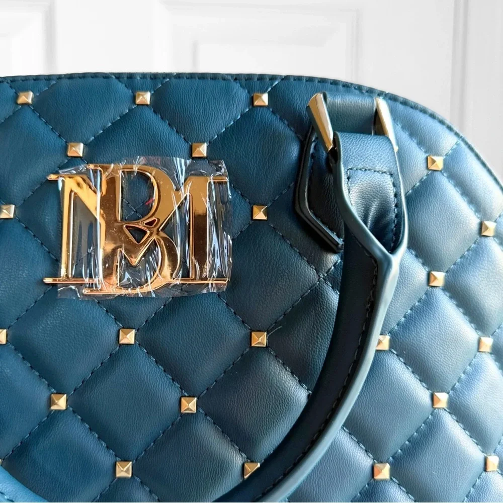 NWT Badgley Mischka Diamond Quilted Dome Satchel – Dark Green Teal Studded - Picture 7 of 14